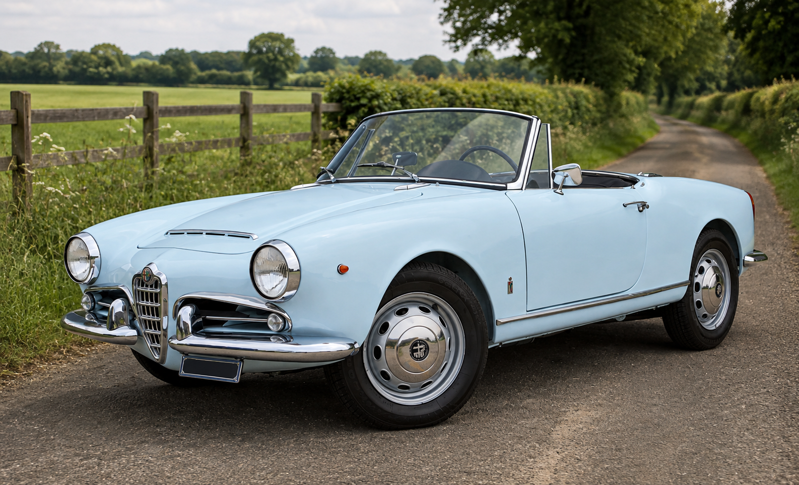 Light blue Alfa Romeo Giulia Spider Veloce, three-quarter front view with the hood down